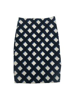 Ann Taylor Navy Ivory Plaid Pencil Skirt 4 Lined Office Workwear Classic Preppy